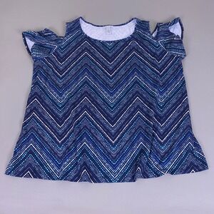 Catherines Top Women's 2X Blue Chevron Cold Shoulder Flutter Sleeve Scoop Neck